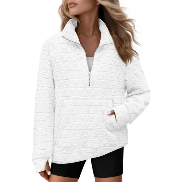 Womens Long Sleeve Quilted Zip Pullover Casual V Neck Collared Pockets